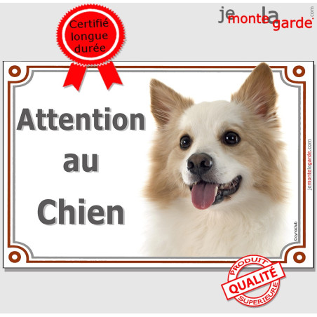 Berger Islandais fauve et blanc, plaque portail "Attention au Chien" photo, résiste pluie soleil gel, idée cadeau