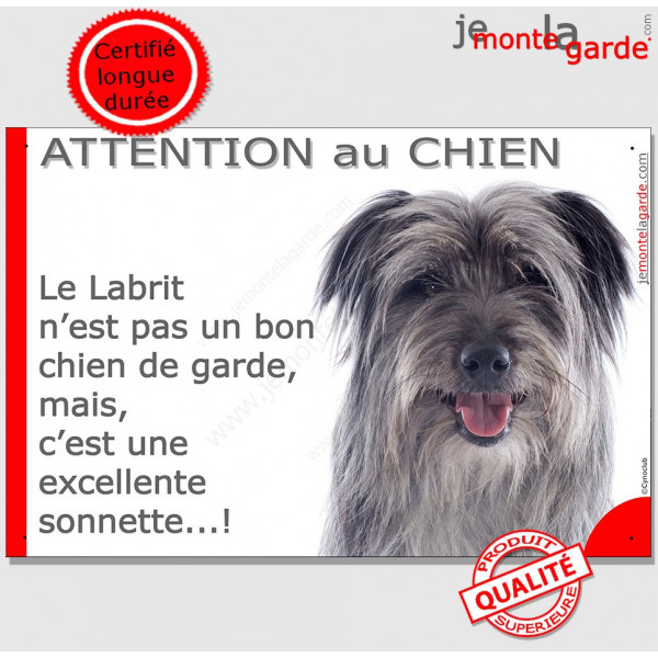 Plaque portail humour "Attention au Chien, notre Labrit est une sonnette" Pancarte Berger des Pyrénées gris bleu drôle photo