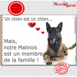 Berger Belge Malinois couché, plaque "Membre de la Famille" intérieur ou extérieur coeur pancarte chien