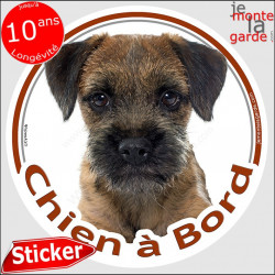 Border Terrier Tête, sticker autocollant rond "Chien à Bord" adhésif photo vitre voiture auto