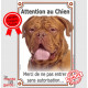 Dogue de Bordeaux masque noir tête, plaque portail verticale "Attention au Chien, interdit sans autorisation" pancarte photo