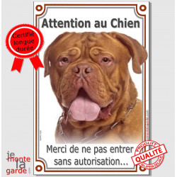Dogue de Bordeaux masque rouge tête, plaque portail verticale "Attention au Chien, interdit sans autorisation" pancarte photo