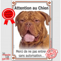 Dogue Bordeaux face rouge, plaque portail verticale "Attention au Chien, pas sans autorisation" 24 cm VL