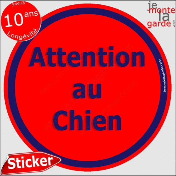 Panneau sticker autocollant rond "Attention au Chien" rouge liseré bleu adhésif portail pancarte porte boîte aux lettres