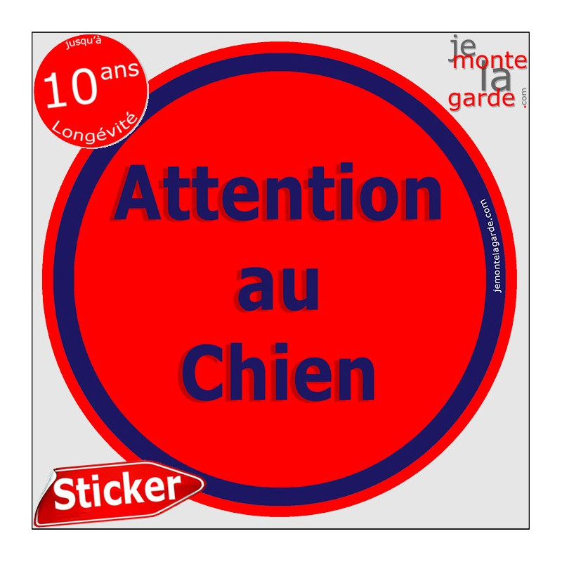 Panneau sticker autocollant rond "Attention au Chien" rouge liseré bleu adhésif portail pancarte porte boîte aux lettres