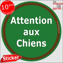 Panneau sticker autocollant rond "Attention aux Chiens" vert liseré marron adhésif portail pancarte porte boîte aux lettres