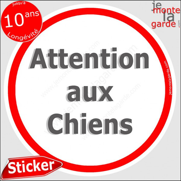 Panneau sticker autocollant rond "Attention aux Chiens" blanc liseré rouge adhésif portail pancarte porte boîte aux lettres
