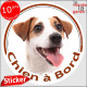 Jack Russell Terrier blanc et fauve, sticker autocollant rond "Chien à Bord" disque adhésif vitre voiture photo
