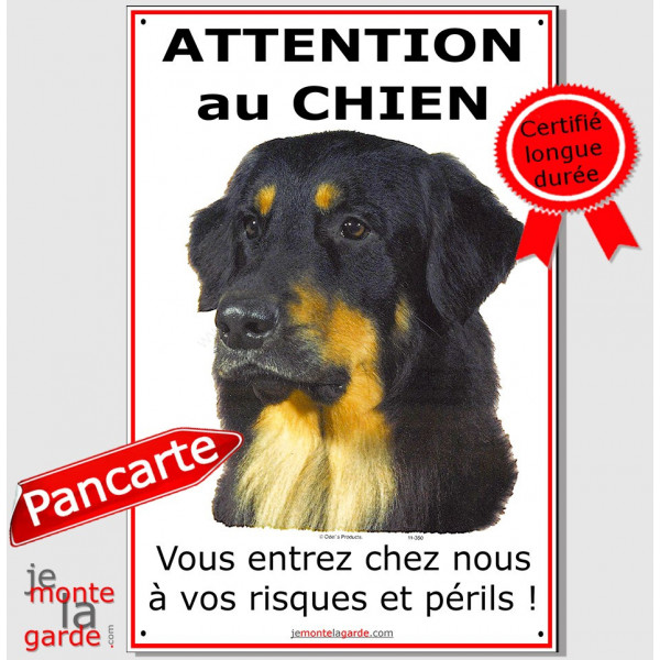 Hovawart Noir et Feu Tête, pancarte verticale pour portail Attention au Chien, plaque affiche panneau Howawart photo