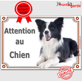 Border Collie noir et blanc poils longs couché, plaque portail "Attention au Chien" photo résiste pluie soleil gel, idée cadeau