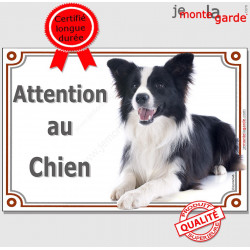 Border Collie noir et blanc poils longs couché, plaque portail "Attention au Chien" pancarte panneau affiche photo