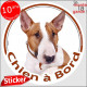 Bull Terrier fauve et blanc, sticker autocollant rond "Chien à Bord" adhésif photo vitre voiture auto