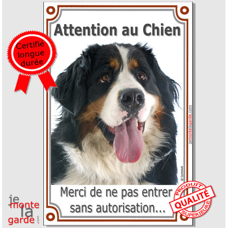 Bouvier Bernois Tête, Plaque Portail "Attention au Chien, merci de ne pas entrer sans autorisation" verticale photo, résiste plu