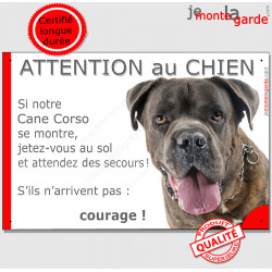 Cane Corso bringé, Panneau humour "Attention au Chien,se montre, jetez-vous au sol et attendez des secours" plaque drôle photo