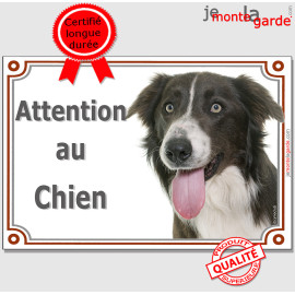 Border Collie chocolat marron et blanc, plaque portail photo "Attention au Chien" résiste pluie soleil gel, idée cadeau