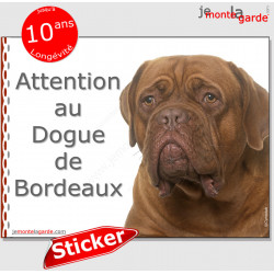 Dogue de Bordeaux face rouge, panneau autocollant "Attention au Chien" sticker pancarte adhésif photo masque fauve acajou