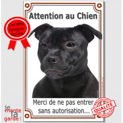 staffie noir tête, Plaque Portail "Attention au Chien, interdit sans autorisation" verticale, pancarte, affiche Staffordshire