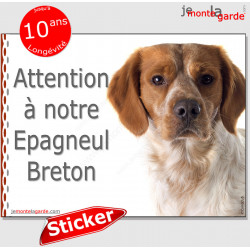 Epagneul Breton orange et blanc, panneau autocollant "Attention au Chien" Pancarte sticker photo race, plaque adhésif Espagnol
