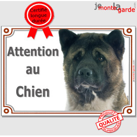 Akita Américain bringé à masque noir,  plaque portail "Attention au Chien" bringué marron photo