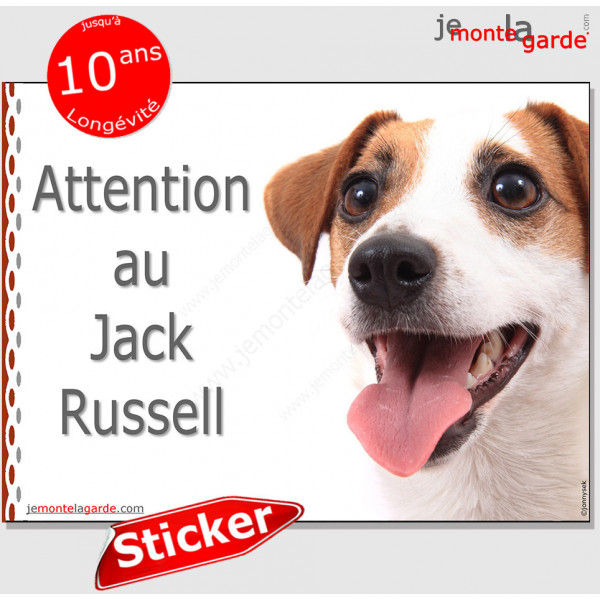 Jack Russell Terrier blanc fauve, disque autocollant "Attention au Chien" Sticker panneau photo adhésif