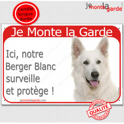 Berger Blanc tête, plaque portail rouge "Je Monte la Garde, surveille et protège" pancarte panneau attention au chien photo
