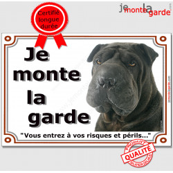 Shar-Peï noir, plaque portail "Je Monte la Garde, risques et périls" pancarte panneau sharpei photo