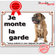 Cane Corso Italiano fauve assis, plaque portail "Je Monte la Garde, risques périls" pancarte photo Attention au Chien