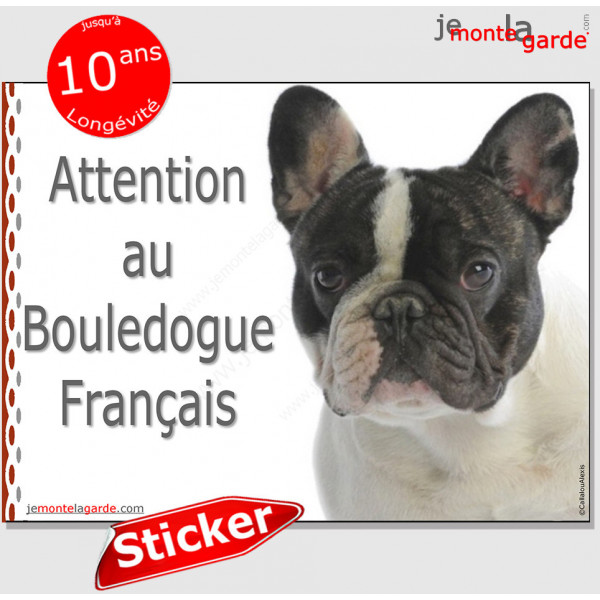 Bouledogue Français caille blanc et noir, panneau autocollant "Attention au Chien" Pancarte sticker adhésif photo