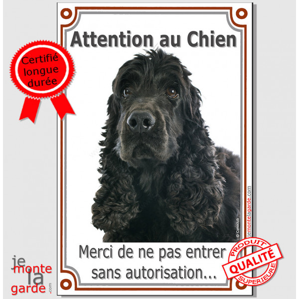 Cocker Anglais Noir, Pancarte Portail Verticale "Attention au Chien, interdit sans autorisation" panneau affiche photo