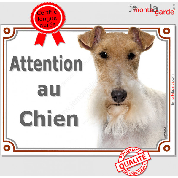 Fox Terrier poils durs Tête, pancarte portail "Attention au Chien" panneau Fox photo toiletté épilé Plaque entrée rue