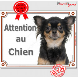 Chihuahua noir et feu à poils longs Tête, plaque portail "Attention au Chien" pancarte panneau photo