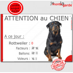 Rottweiler Assis, Pancarte Portail "Attention au Chien, Nombre de Voleurs, ballons, facteurs" drôle, affiche photo panneau marra