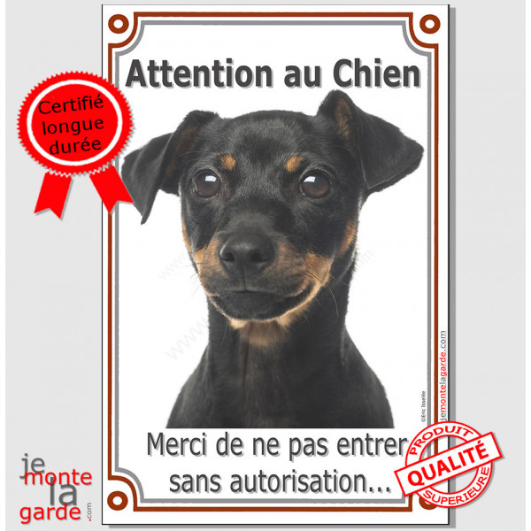 Pinscher Noir et feu, Plaque Portail verticale "Attention au Chien, interdit sans autorisation" pancarte panneau photo