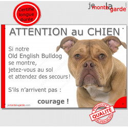 Old English Bulldog, plaque humour "Attention au Chien, Jetez Vous au Sol, secours, courage" pancarte photo drôle panneau marran