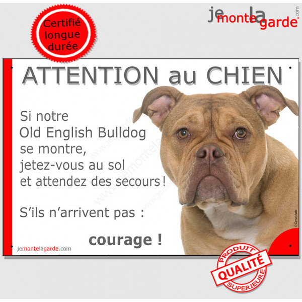 Old English Bulldog, plaque humour "Attention au Chien, Jetez Vous au Sol, secours, courage" pancarte photo drôle panneau marran