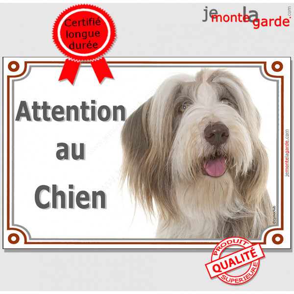 Bearded Collie fauve beige et blanc, plaque portail "Attention au Chien" pancarte panneau photo marron sable