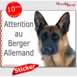 Berger Allemand noir et feu à poils courts, panneau autocollant "Attention au Chien" sticker photo adhésif pancarte portail port