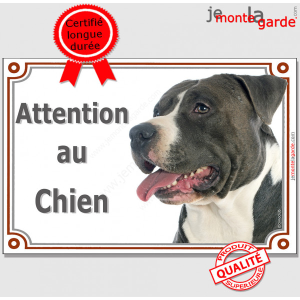 American Staffordshire Terrier noir et blanc, plaque portail "Attention au Chien" pancarte panneau photo Amstaff Staff