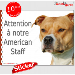 Amstaff, panneau autocollant "Attention au Chien" pancarte sticker adhésif photo American Staffordshire Terrier fauve marron