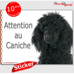 Caniche tout noir, panneau photo autocollant "Attention au Chien" Sticker race adhésif porte entrée, boîte aux lettres