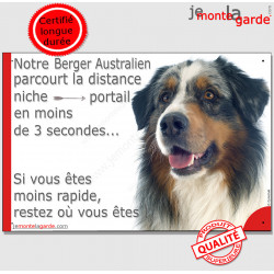 Berger Australien Bleu Merle, plaque humour "distance Niche - Portail en moins de 3 secondes" pancarte drôle photo Aussie