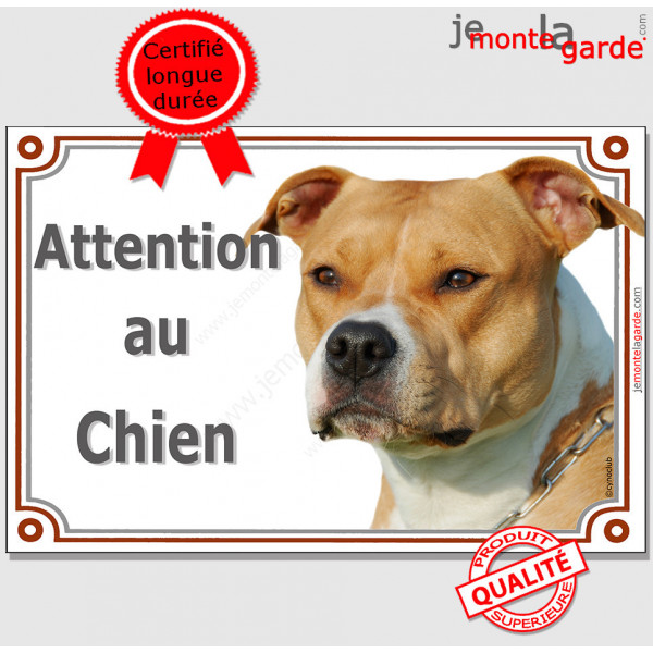 American Staffordshire fauve, plaque portail "Attention au Chien" pancarte panneau photo Amstaff Staff orange jaune marron