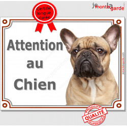 Bouledogue Français Fauve Tête, plaque portail "Attention au Chien" panneau photo affiche pancarte, beige sable
