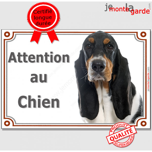 Basset Hound tricolore, plaque portail "Attention au Chien" pancarte panneau photo Basset Hund 3 couleurs