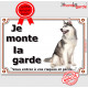 Husky gris Assis, plaque "Je Monte la Garde, risques périls" panneau photo affiche pancarte, sibérien entier