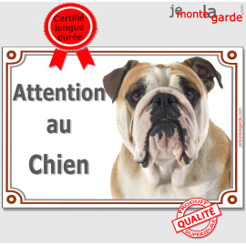 Bulldog Anglais fauve, plaque portail "Attention au Chien" photo, résiste pluie soleil gel, idée cadeau