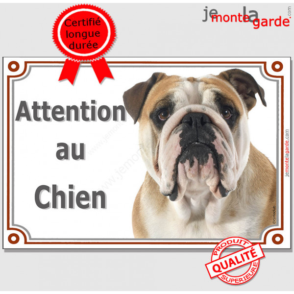 Bulldog Anglais fauve, plaque portail "Attention au Chien" pancarte panneau photo