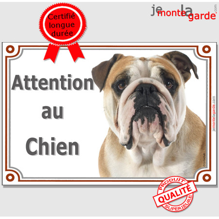 Bulldog Anglais fauve, plaque portail "Attention au Chien" photo, résiste pluie soleil gel, idée cadeau
