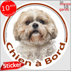 Shih-tzu fauve, sticker voiture rond "Chien à Bord" 14 cm