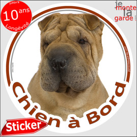 Shar-Peï fauve marron Tête, sticker autocollant rond "Chien à Bord" Disque adhésif vitre voiture photo, résiste pluie soleil gel